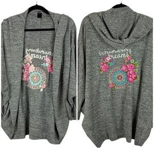 Desigual Grey Hooded Open Front Cardigan Embroidered Floral Graphic Boho Sweater